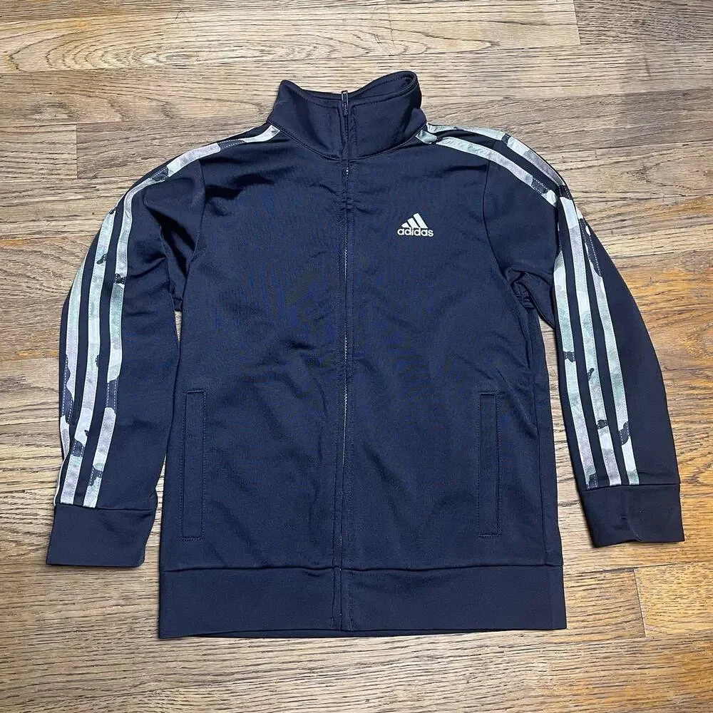 Adidas Boys Track Jacket Size 6 Zip Up Black Camo Blue White 3 Stripes Logo Kids